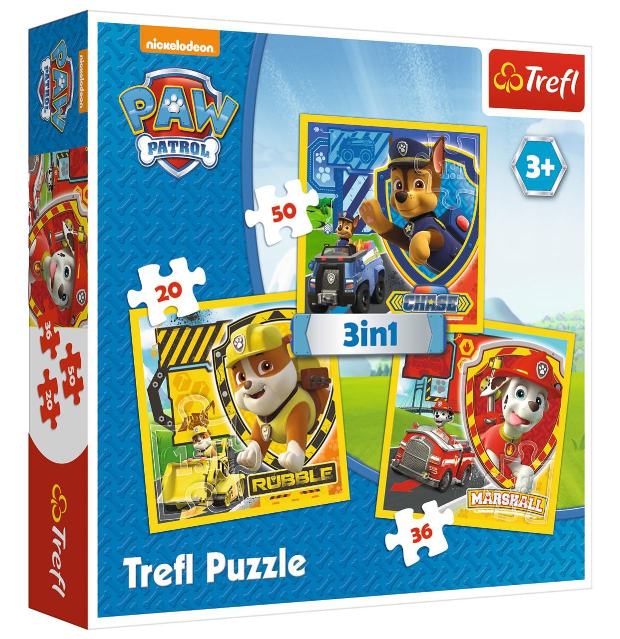 Trefl Puzzle Marshall, Rubble And Chase, Paw Patrol 3'lü 20+36+50 Parça Yapboz